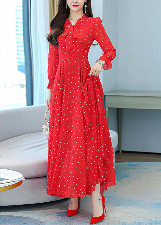 Bohemian Red V Neck Bow Print Chiffon Maxi Dresses Lantern Sleeve - Image 2