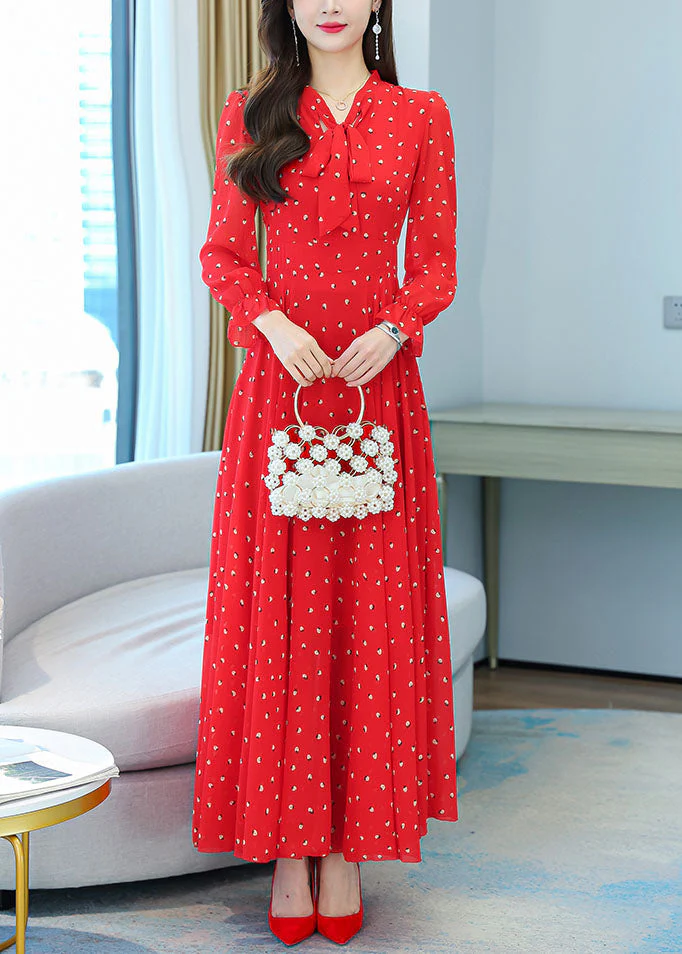 Bohemian Red V Neck Bow Print Chiffon Maxi Dresses Lantern Sleeve - Image 3