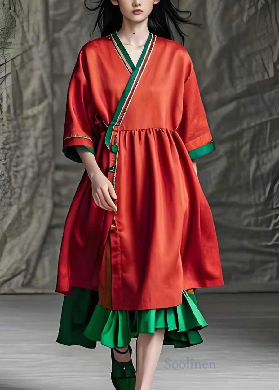 Bohemian Red V Neck Patchwork Loose Cotton Dress Summer - Image 2