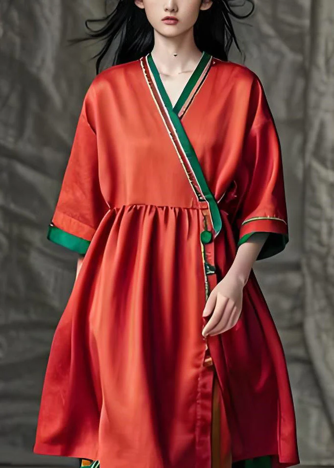 Bohemian Red V Neck Patchwork Loose Cotton Dress Summer - Image 3