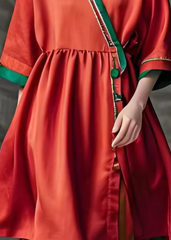 Bohemian Red V Neck Patchwork Loose Cotton Dress Summer - Image 4