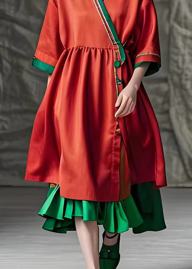 Bohemian Red V Neck Patchwork Loose Cotton Dress Summer - Image 5