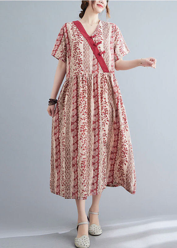 Bohemian Red V Neck Print Button Long Dress Short Sleeve - Image 2