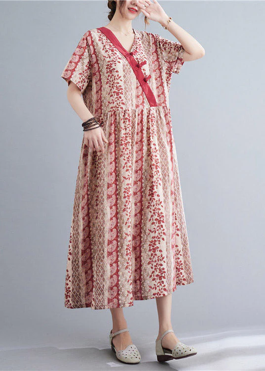 Bohemian Red V Neck Print Button Long Dress Short Sleeve - Image 3