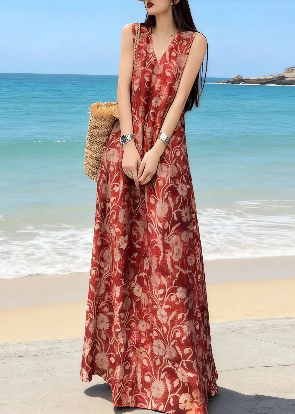 Bohemian Red V Neck Print Long Spaghetti Strap Sleeveless - Image 2