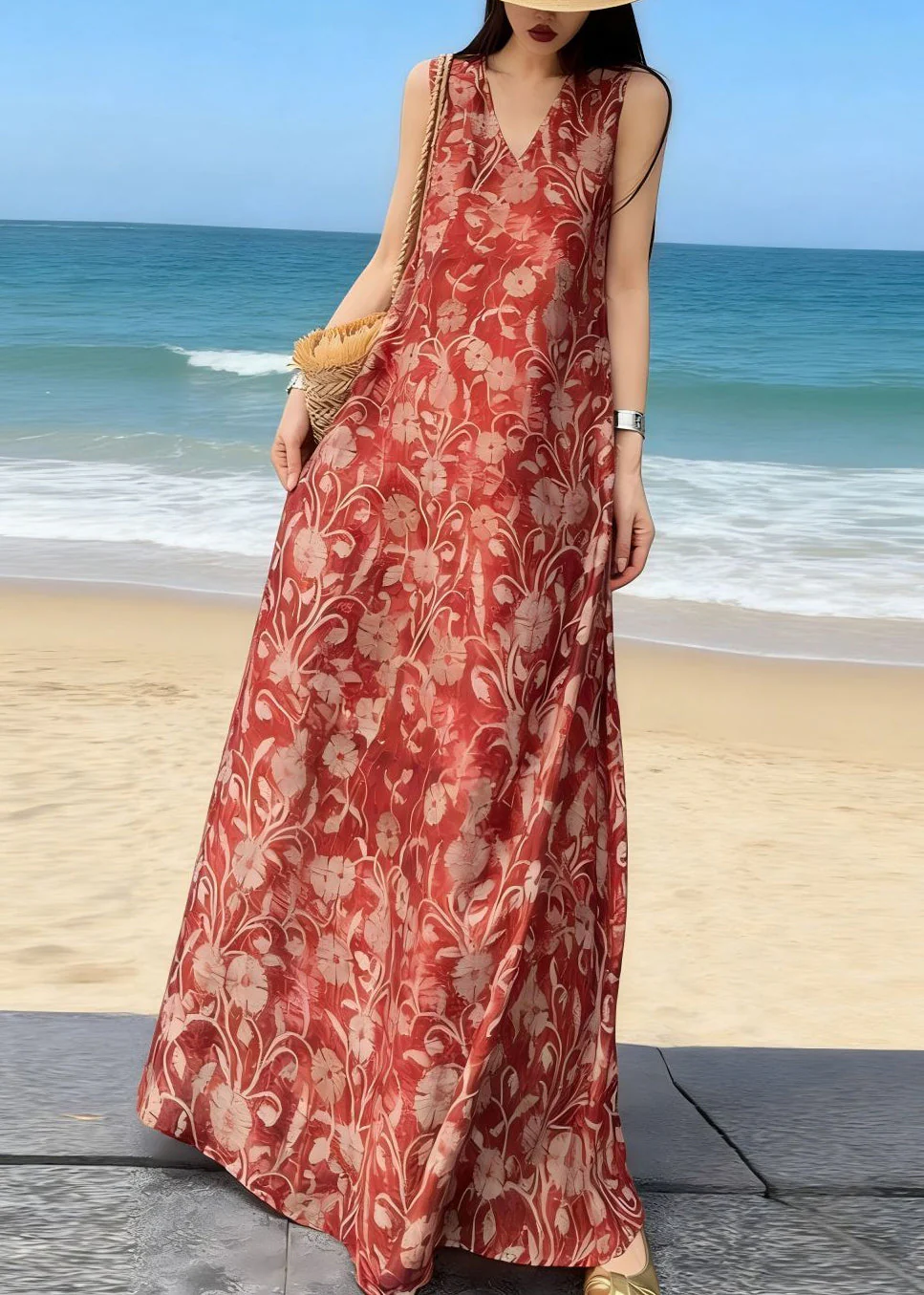 Bohemian Red V Neck Print Long Spaghetti Strap Sleeveless - Image 3