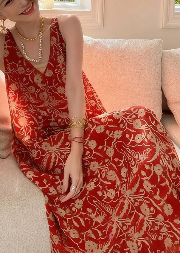 Bohemian Red V Neck Print Long Spaghetti Strap Sleeveless - Image 4