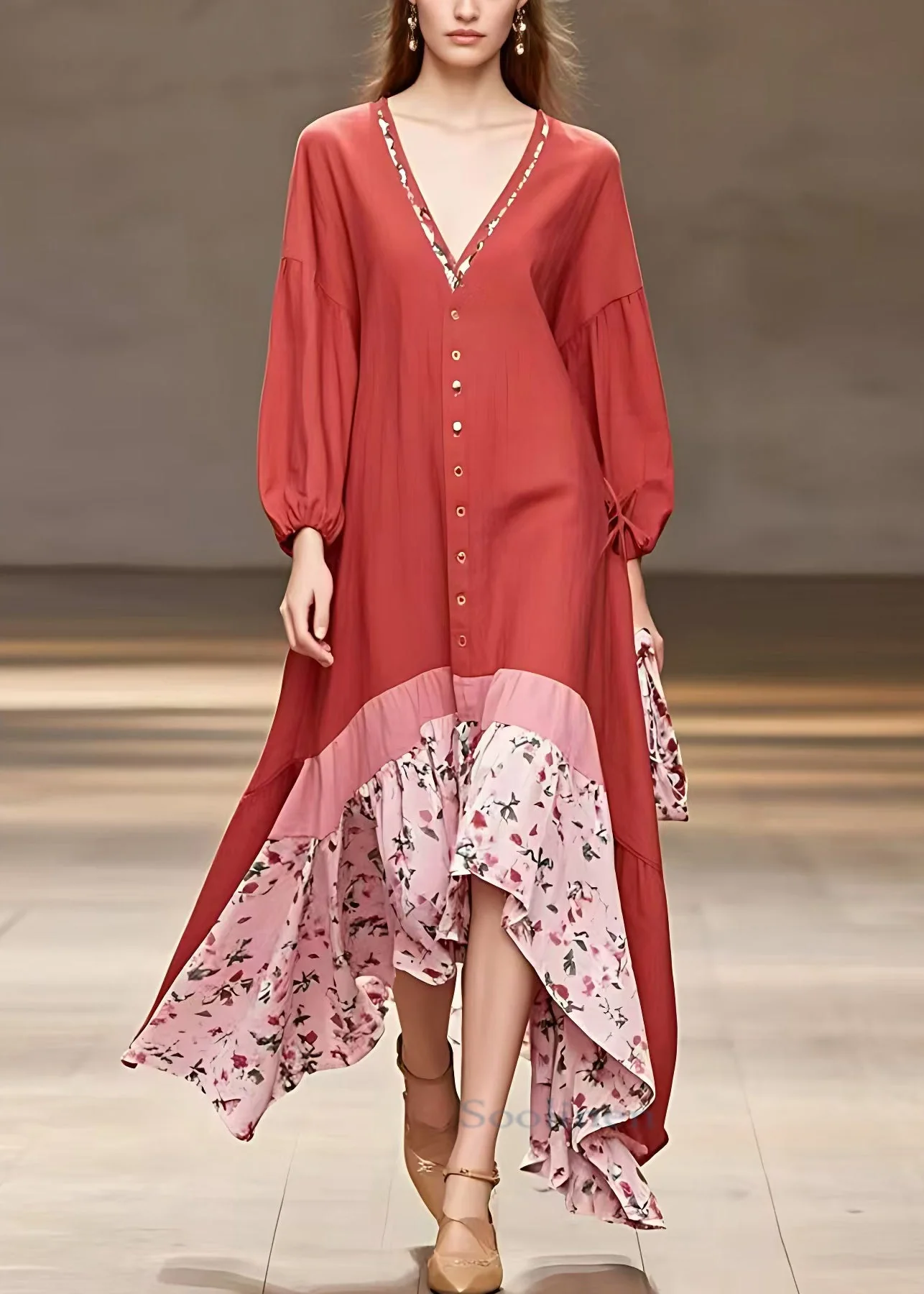 Bohemian Red V Neck Print Patchwork Cotton Long Dresses Long Sleeve - Image 2