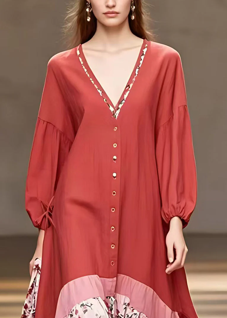 Bohemian Red V Neck Print Patchwork Cotton Long Dresses Long Sleeve - Image 3
