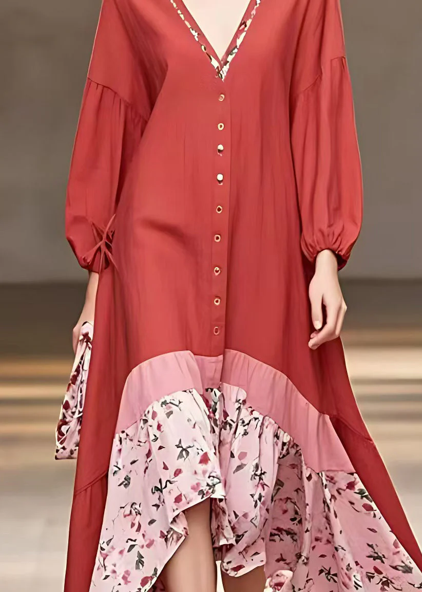 Bohemian Red V Neck Print Patchwork Cotton Long Dresses Long Sleeve - Image 4