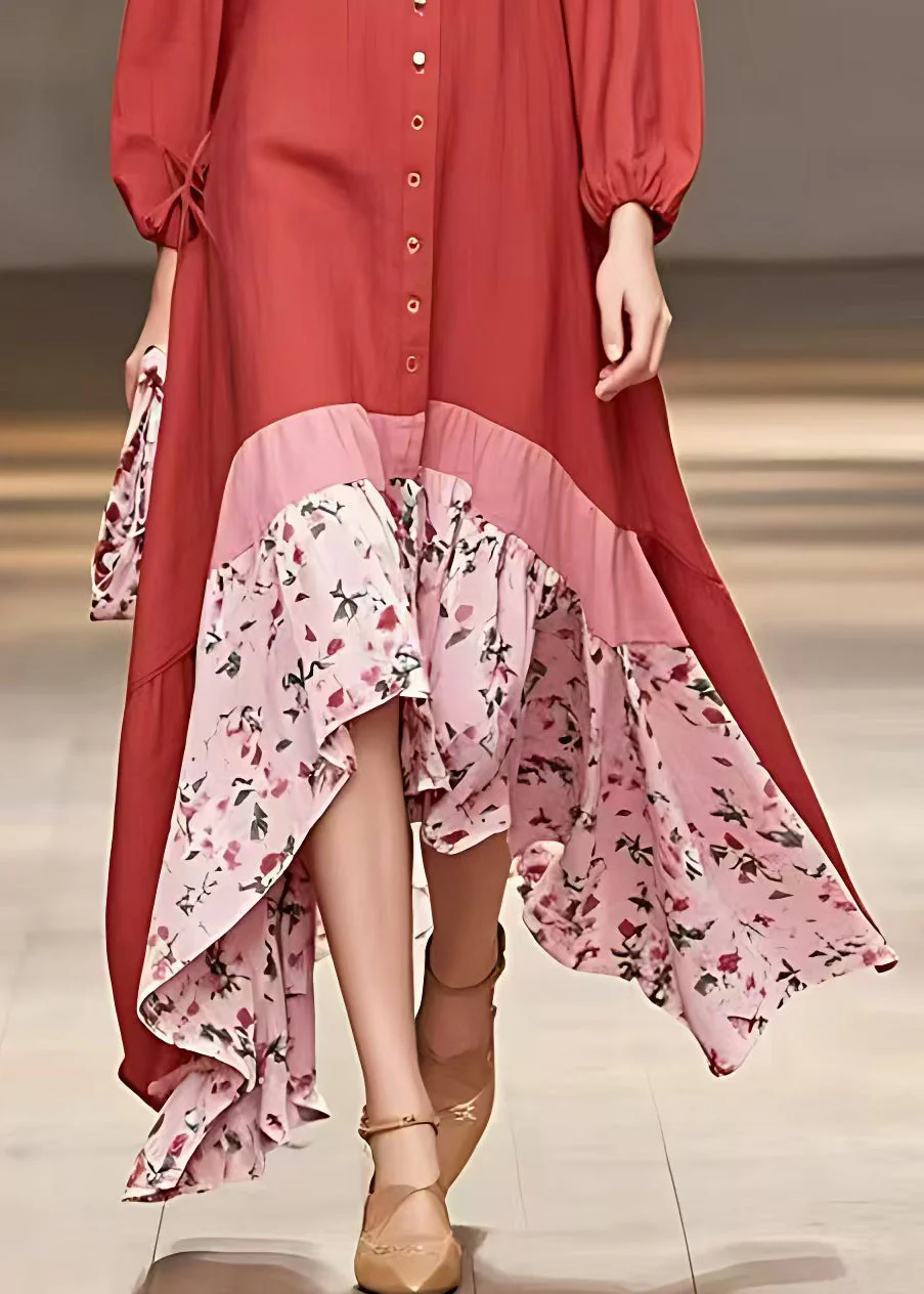 Bohemian Red V Neck Print Patchwork Cotton Long Dresses Long Sleeve - Image 5