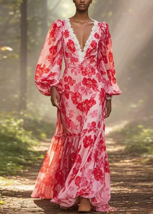 Bohemian Red V Neck Print Ruffled Chiffon Long Dress Spring - Image 5