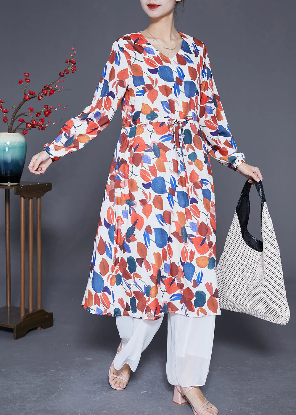 Bohemian Red V Neck Print Silk Cinched Dress Spring - Image 3