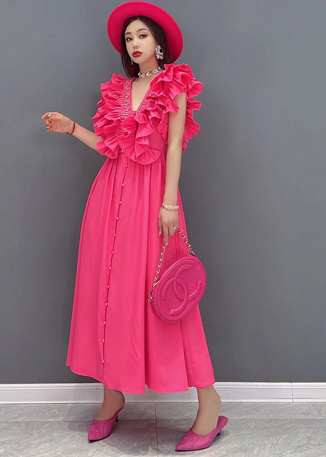 Bohemian Red V Neck Ruffles Cotton Long Dresses Vestidos Sleeveless - Image 3