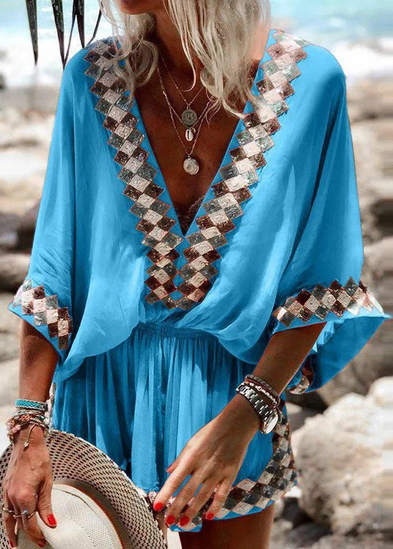 Bohemian Red V Neck Wrinkled Elastic Waist Print Mid Dress Half Sleeve - Image 2