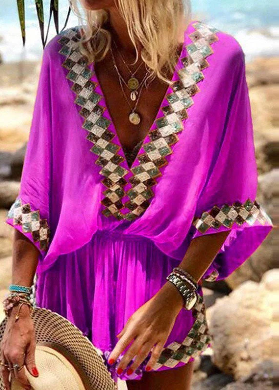 Bohemian Red V Neck Wrinkled Elastic Waist Print Mid Dress Half Sleeve - Image 4