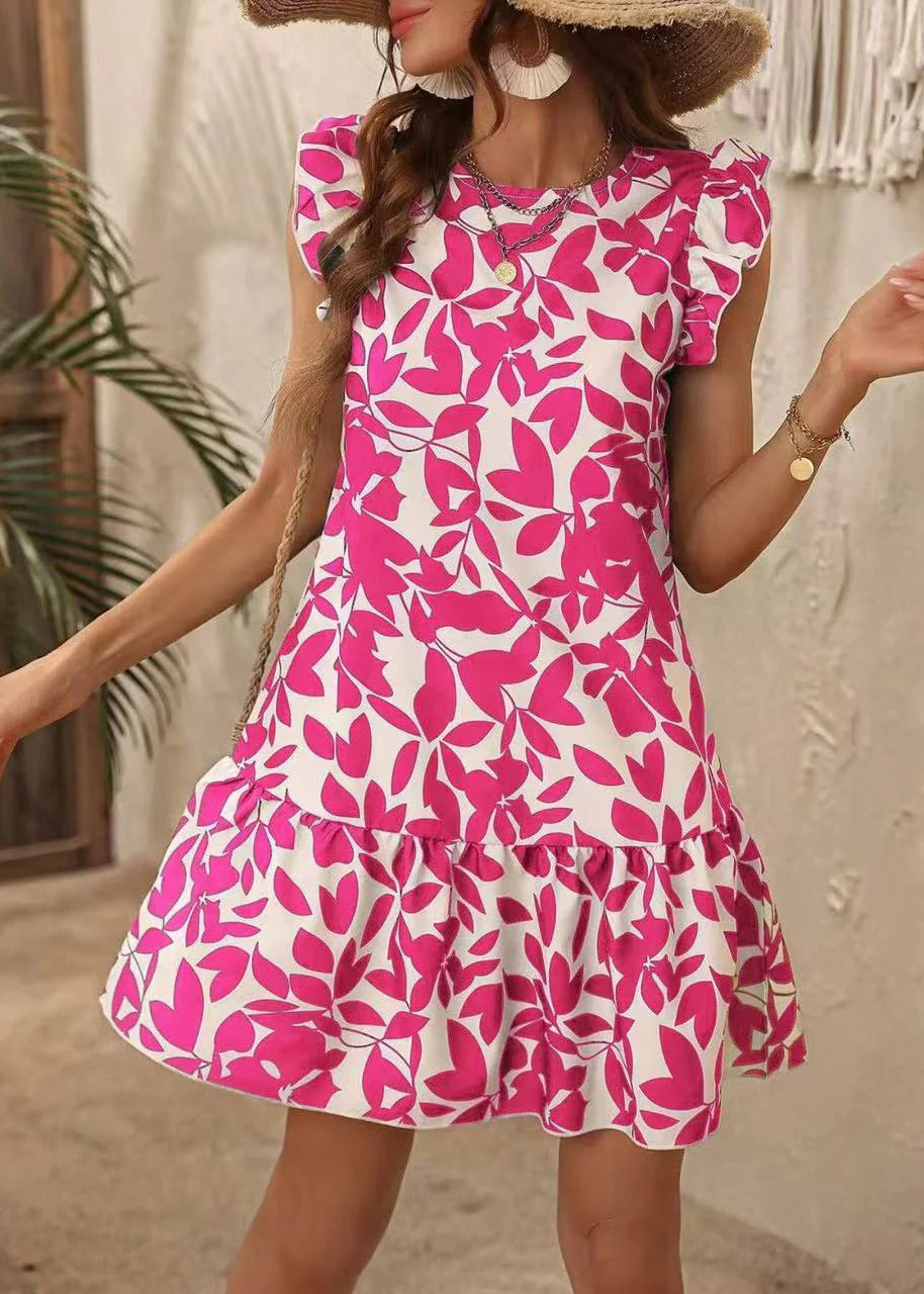 Bohemian Rose O Neck Print Cotton Mid Dress Butterfly Sleeve