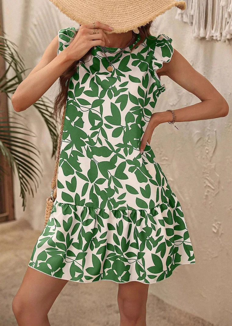 Bohemian Rose O Neck Print Cotton Mid Dress Butterfly Sleeve - Image 2