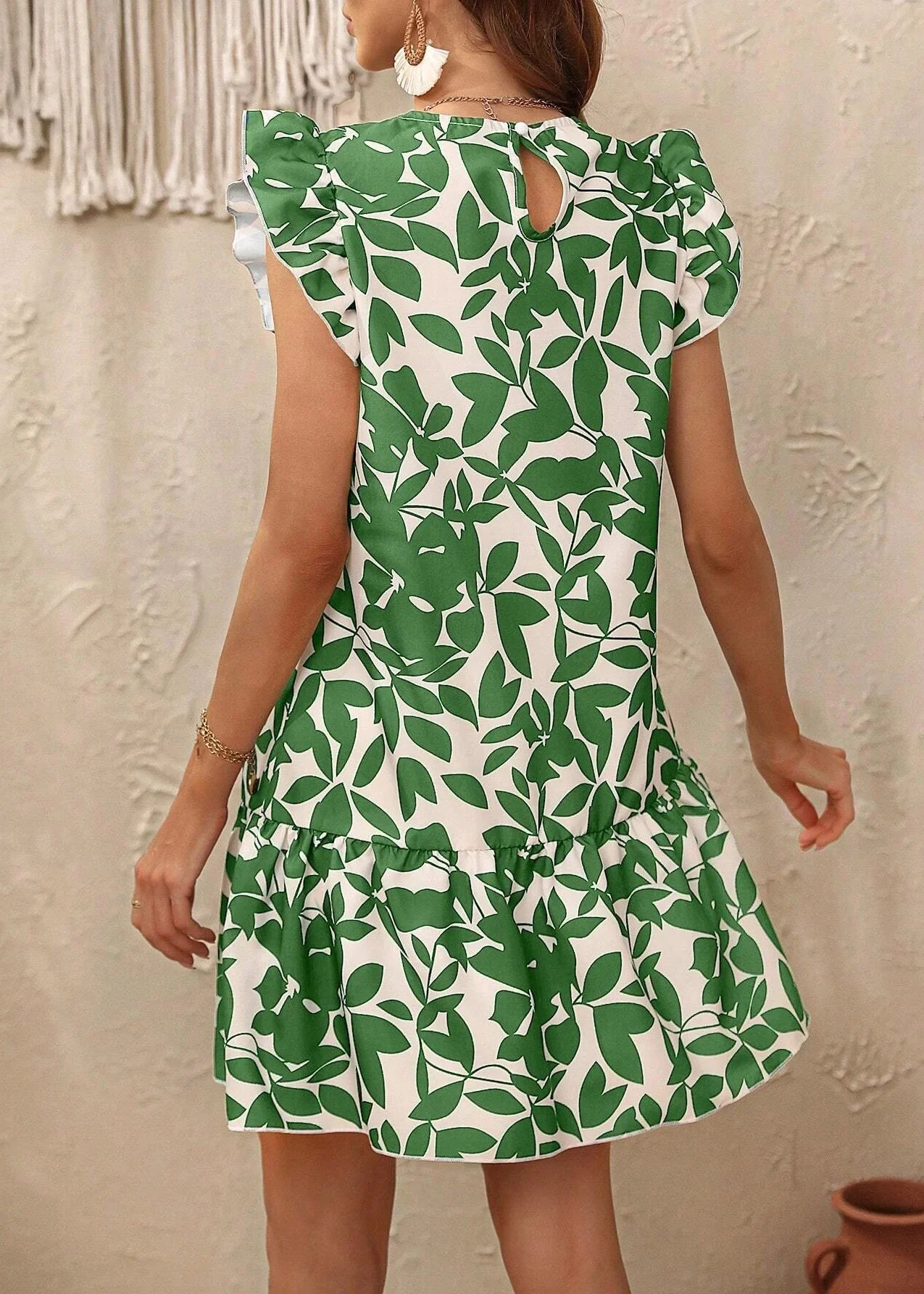 Bohemian Rose O Neck Print Cotton Mid Dress Butterfly Sleeve - Image 5
