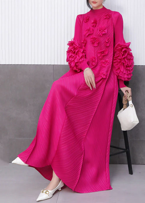 Bohemian Rose Stand Collar Floral Decorated Long Dresses Summer - Image 3