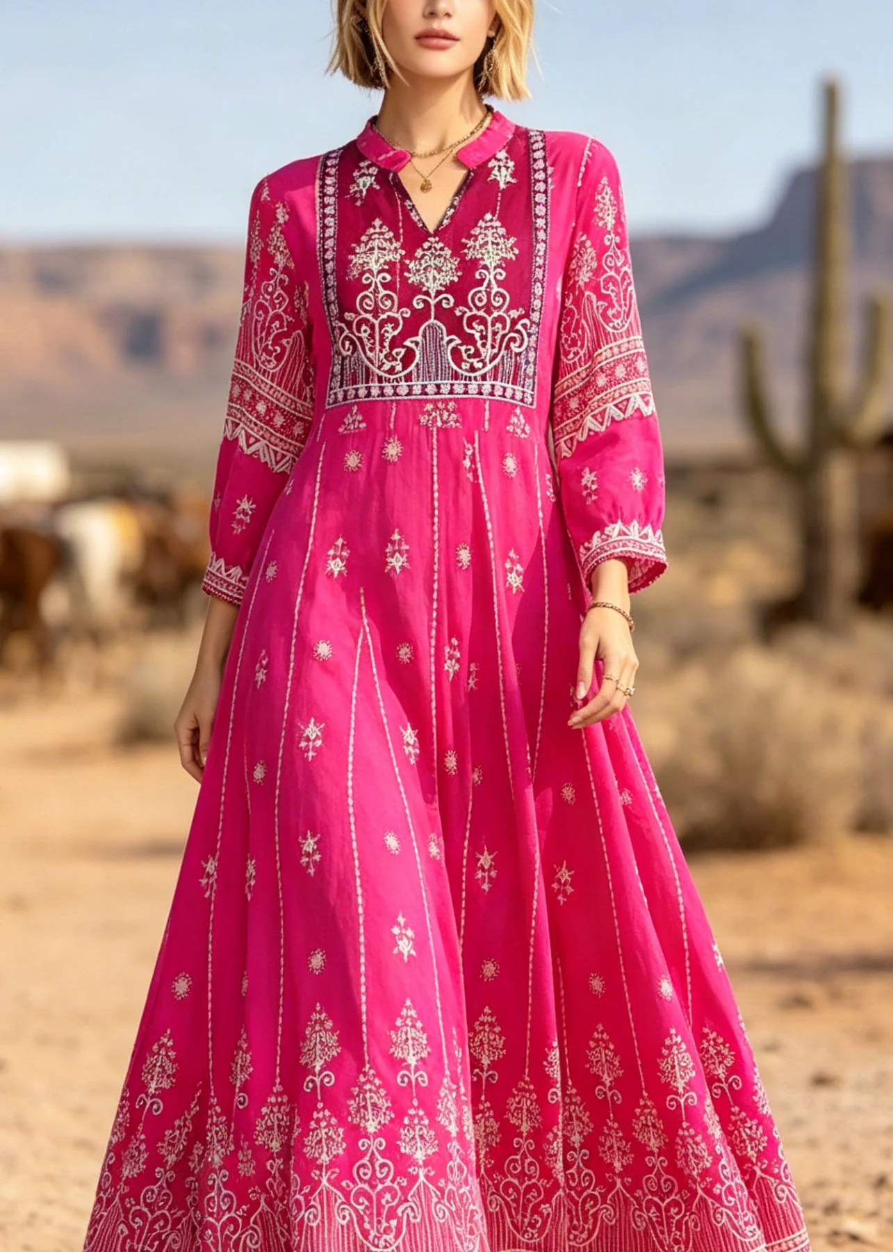 Bohemian Rose V Neck Print Exra Large Hem Cotton Dresses Summer - Image 2