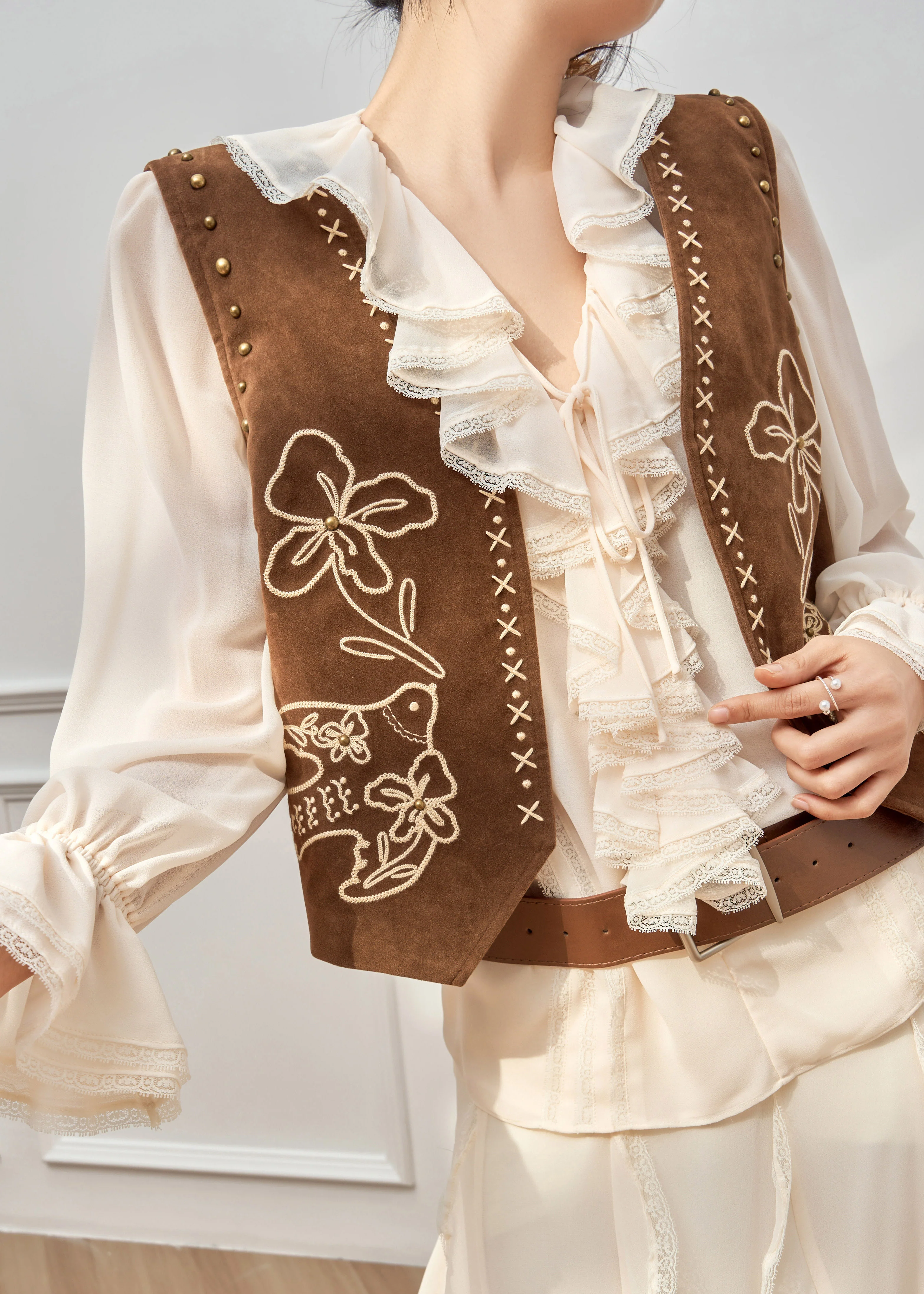 Bohemian Ruffled Print Waistcoat And Chiffon Shirt Two Pieces Set Flare Sleeve