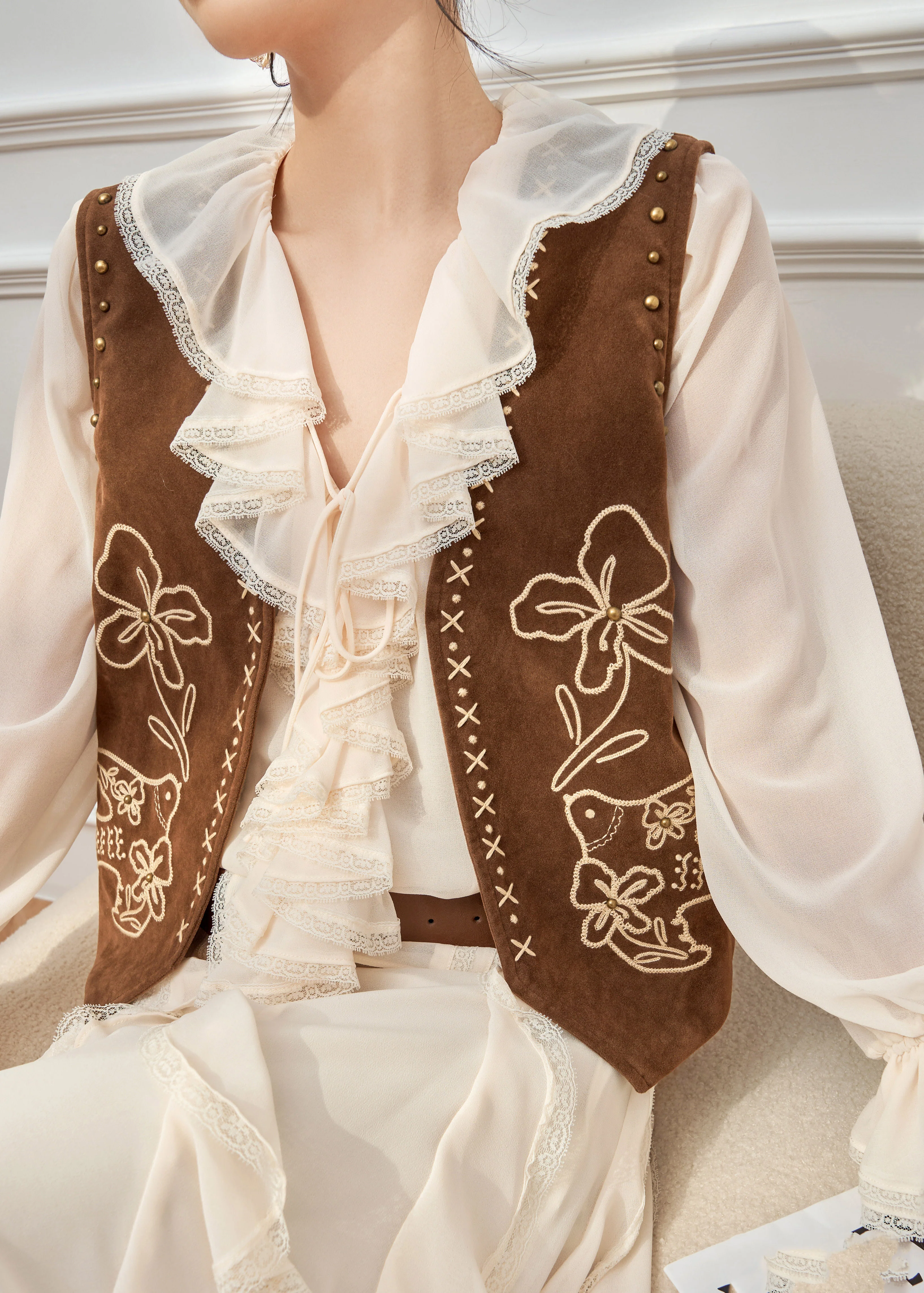 Bohemian Ruffled Print Waistcoat And Chiffon Shirt Two Pieces Set Flare Sleeve - Image 2