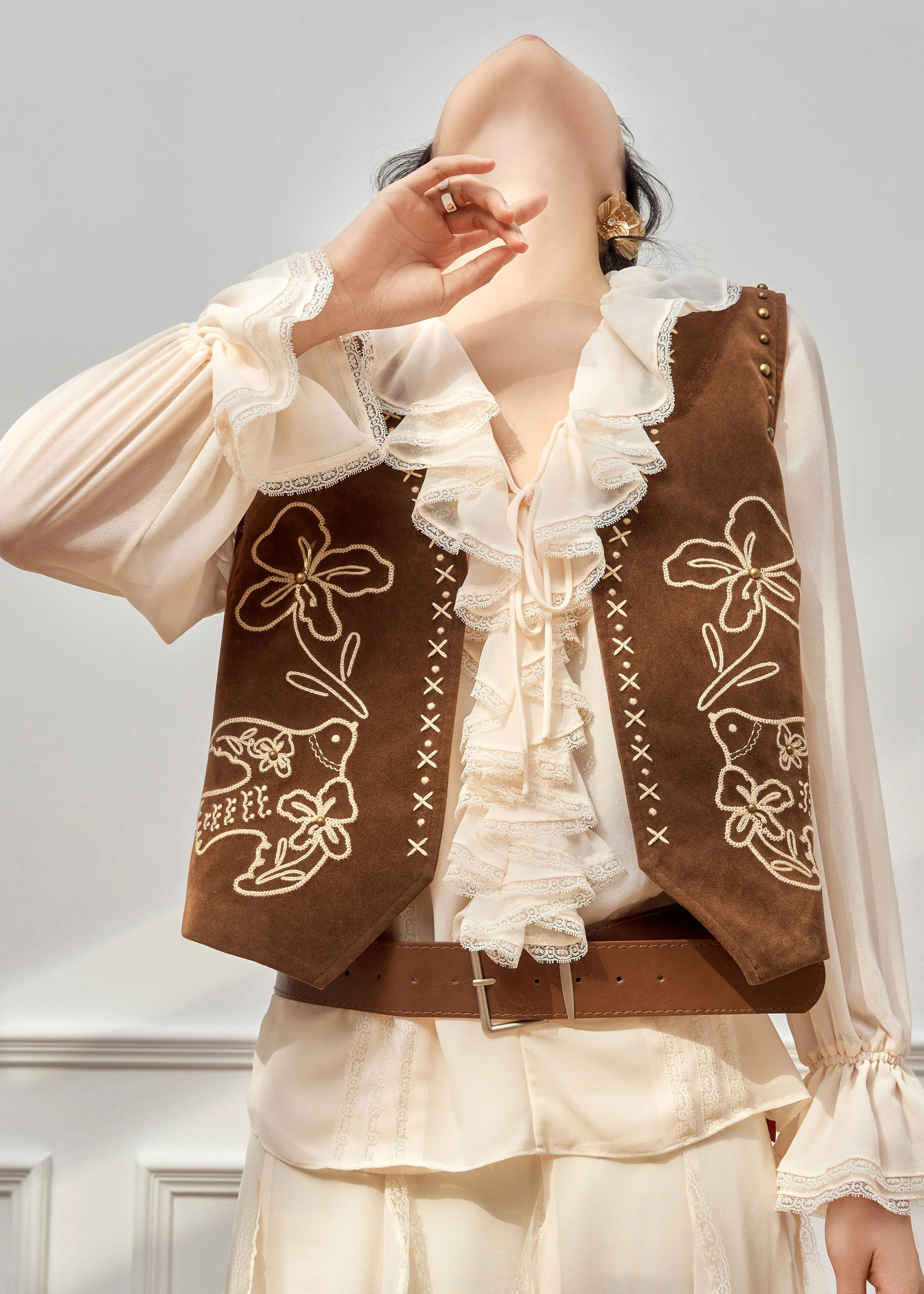 Bohemian Ruffled Print Waistcoat And Chiffon Shirt Two Pieces Set Flare Sleeve - Image 3