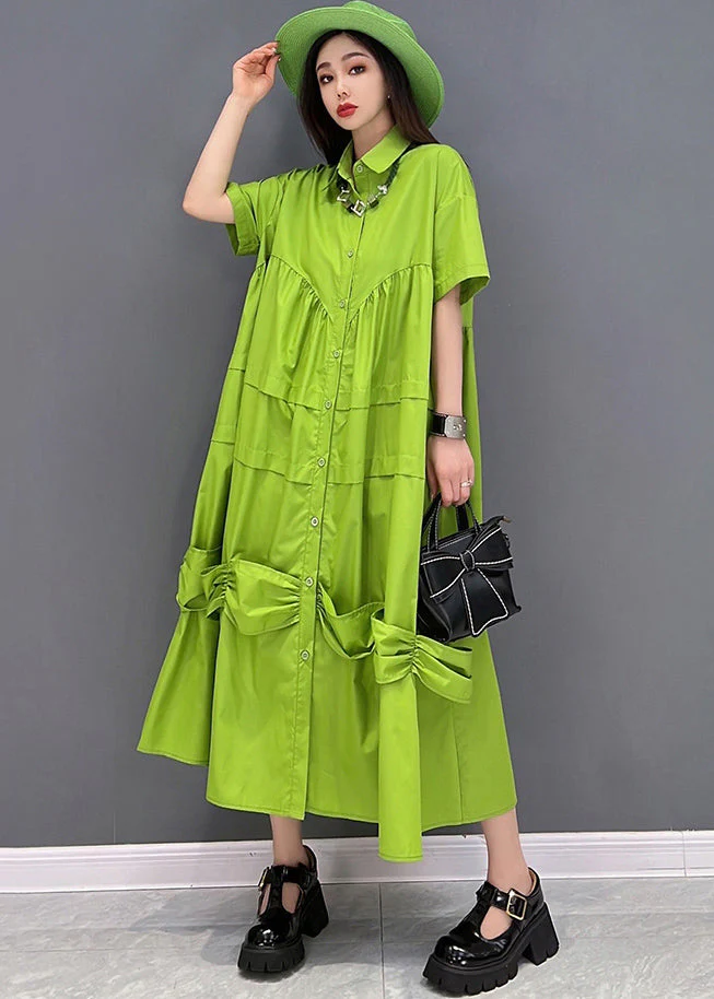 Bohemian Solid Green Peter Pan Collar Patchwork Oversized Dress Short Sleeve - Image 2