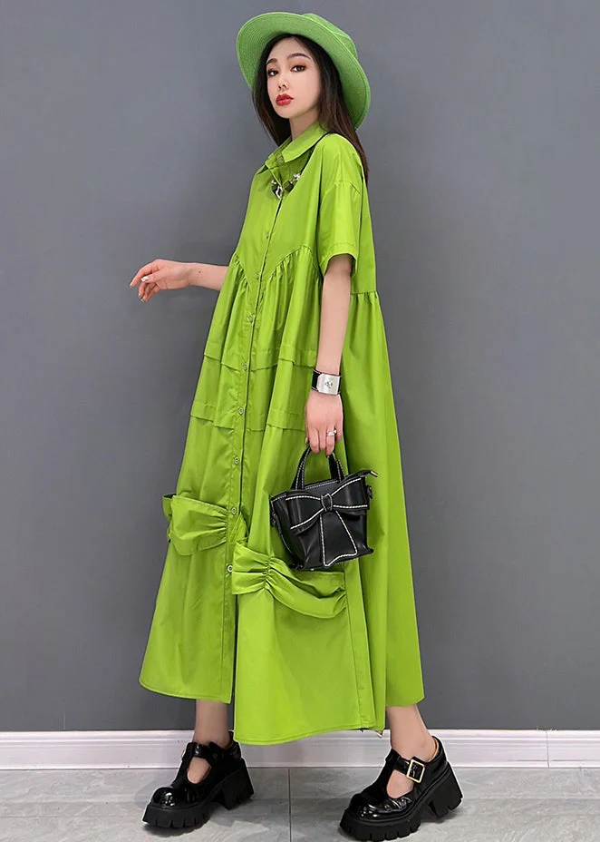 Bohemian Solid Green Peter Pan Collar Patchwork Oversized Dress Short Sleeve - Image 3