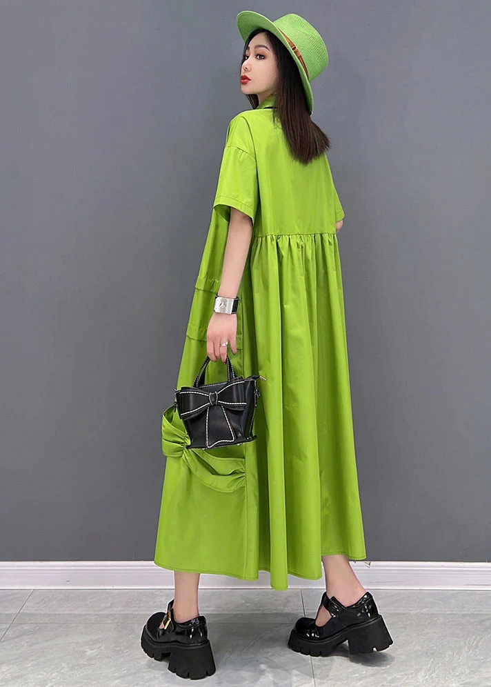 Bohemian Solid Green Peter Pan Collar Patchwork Oversized Dress Short Sleeve - Image 4