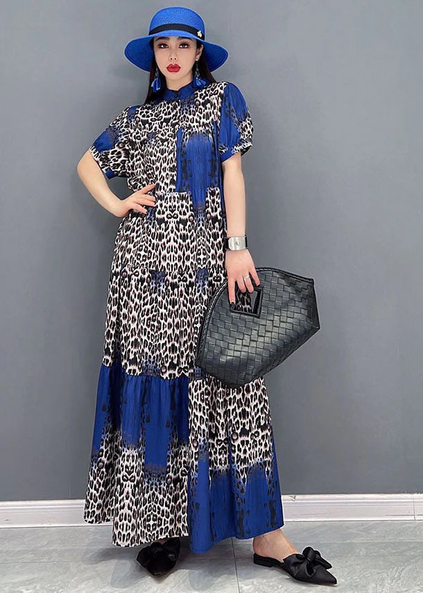 Bohemian Stand Collar Leopard Print Wrinkled Long Dress Short Sleeve - Image 3