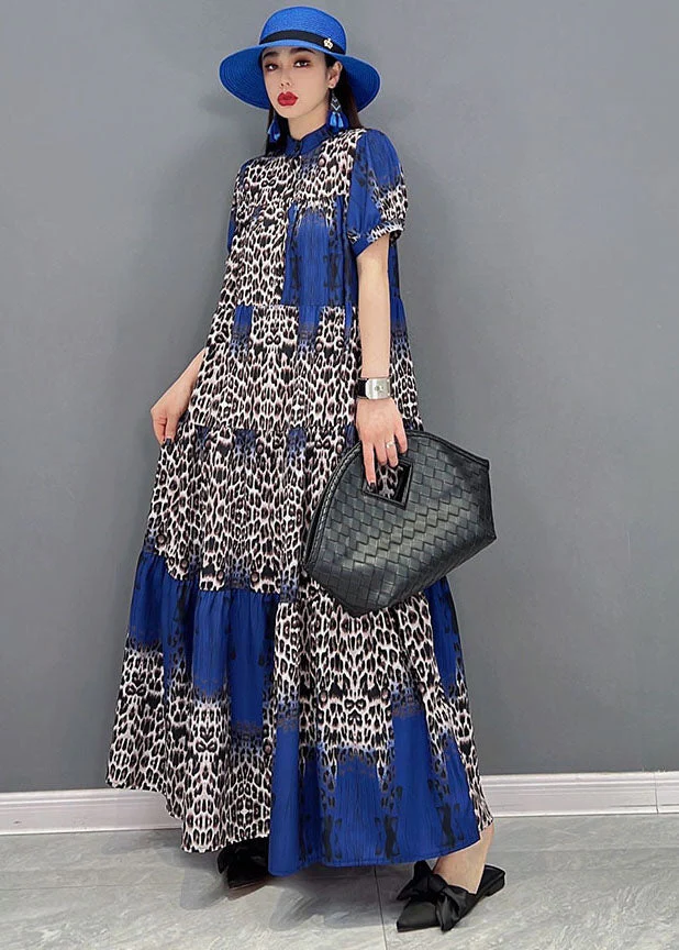 Bohemian Stand Collar Leopard Print Wrinkled Long Dress Short Sleeve - Image 4