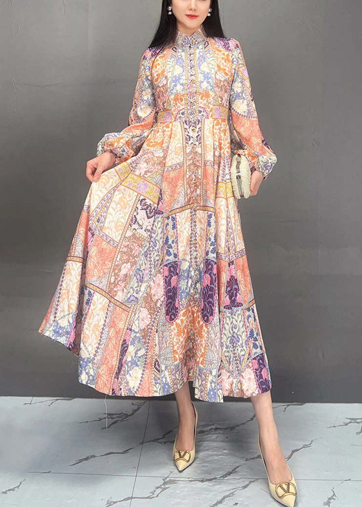 Bohemian Stand Collar Print Cotton Long Dress Fall - Image 2