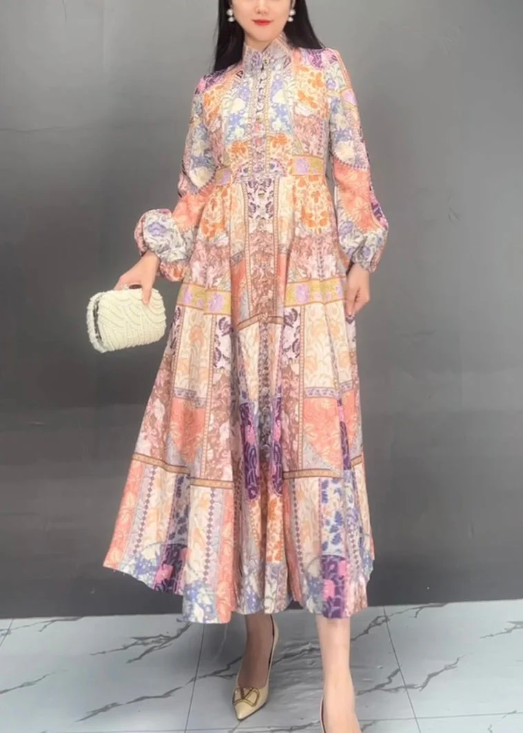 Bohemian Stand Collar Print Cotton Long Dress Fall - Image 3