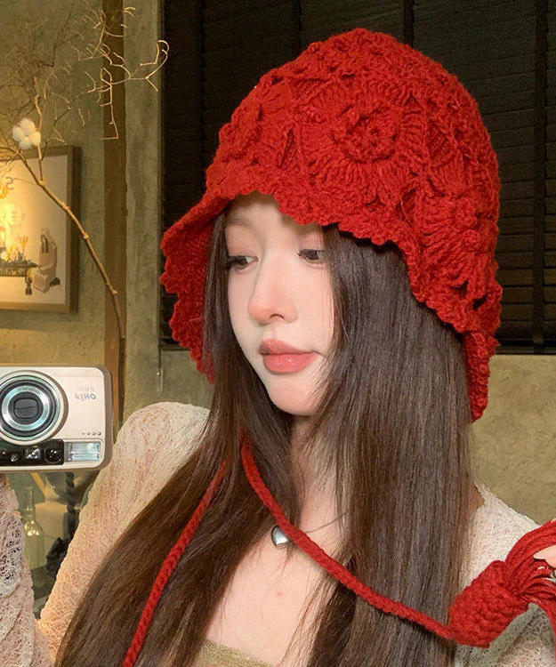 Bohemian Style Red Hollow Floral Knitted Boonie Hat - Image 2