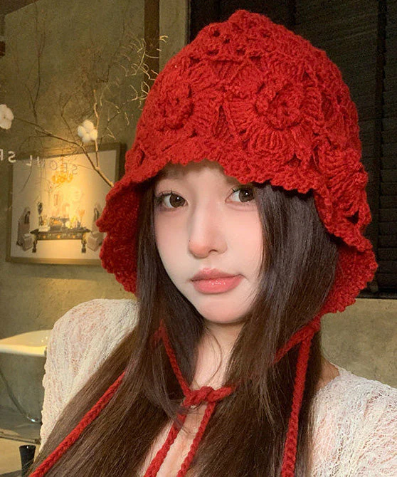 Bohemian Style Red Hollow Floral Knitted Boonie Hat - Image 3