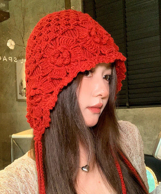 Bohemian Style Red Hollow Floral Knitted Boonie Hat - Image 4