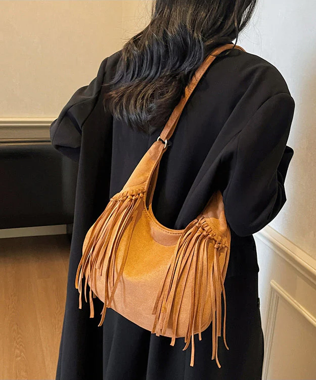 Bohemian Tasseled Solid Durable Suede Velour Messenger Bag - Image 2