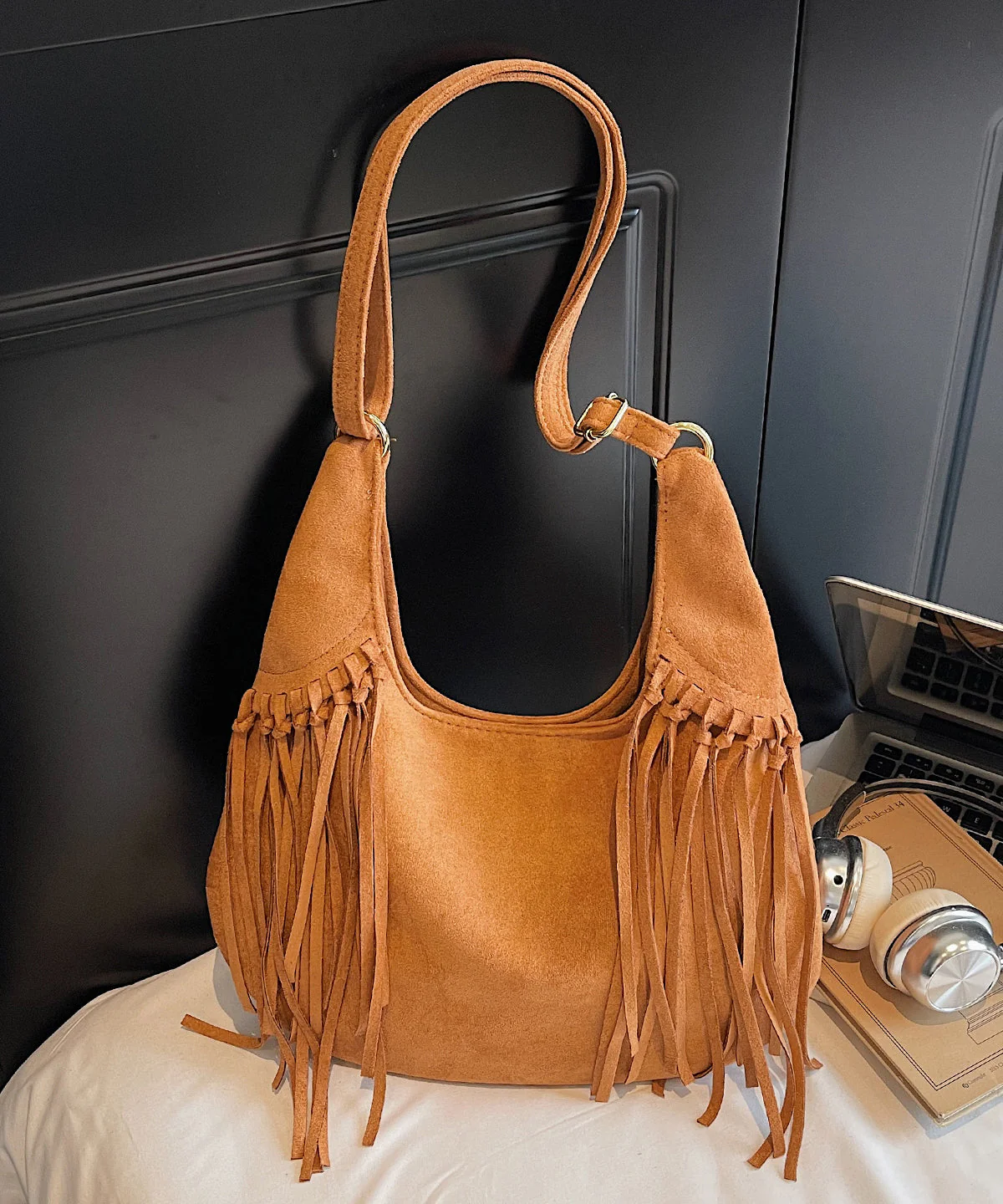 Bohemian Tasseled Solid Durable Suede Velour Messenger Bag - Image 3