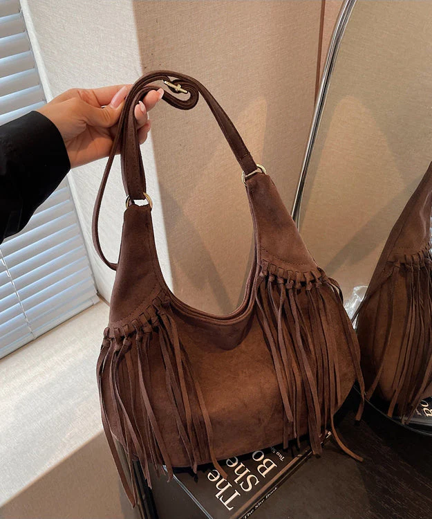 Bohemian Tasseled Solid Durable Suede Velour Messenger Bag - Image 4