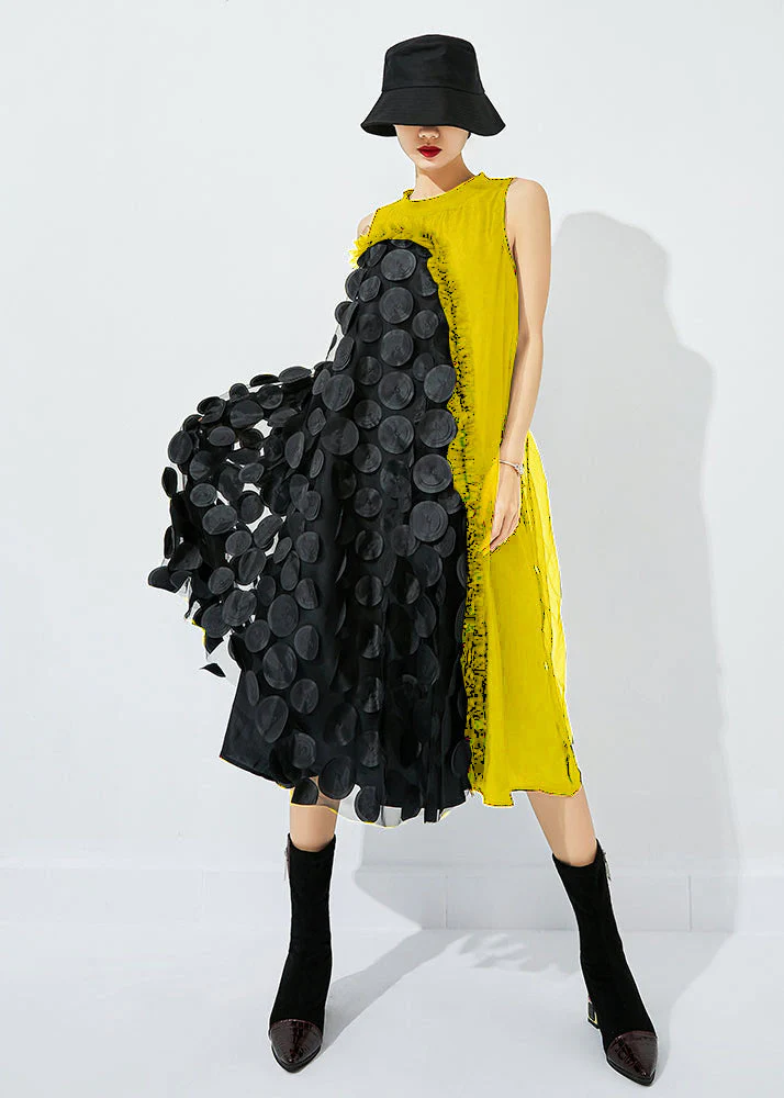Bohemian Tea Green-Black Dot Asymmetrical Patchwork Wrinkled Tulle Maxi Dress Sleeveless - Image 5