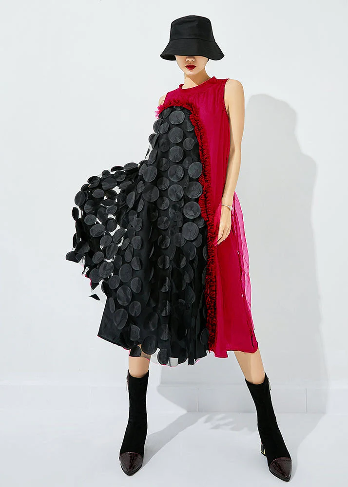 Bohemian Tea Green-Black Dot Asymmetrical Patchwork Wrinkled Tulle Maxi Dress Sleeveless - Image 7