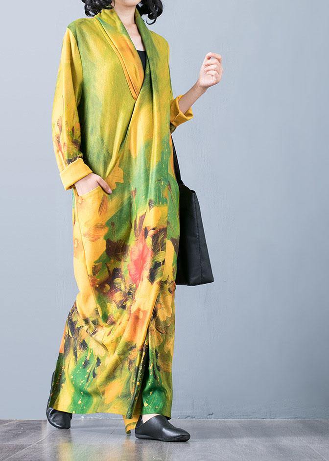 Bohemian v neck back side open cotton clothes For Women Fabrics yellow print Art Dresses fall - Image 3
