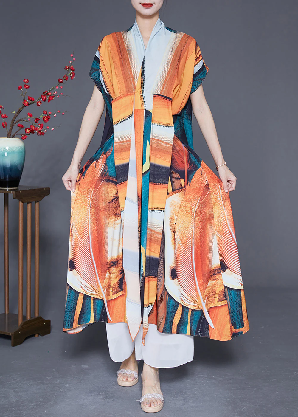 Bohemian V Neck Lace Up Print Silk Holiday Dress Summer - Image 2