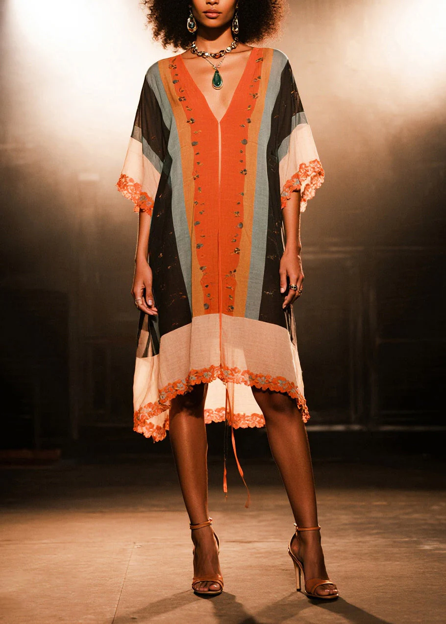 Bohemian V Neck Print Cotton Beach Dress Half Sleeve - Image 3