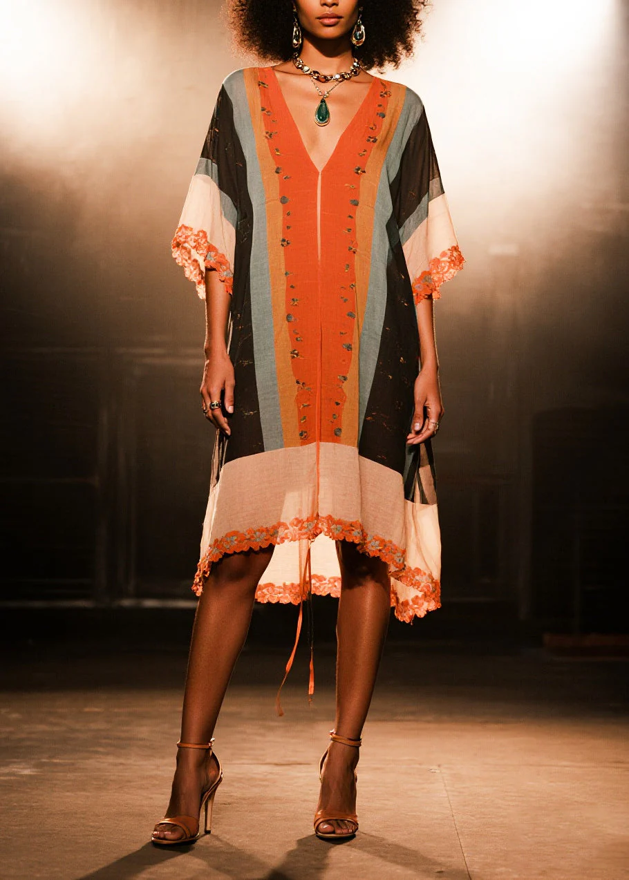 Bohemian V Neck Print Cotton Beach Dress Half Sleeve - Image 5