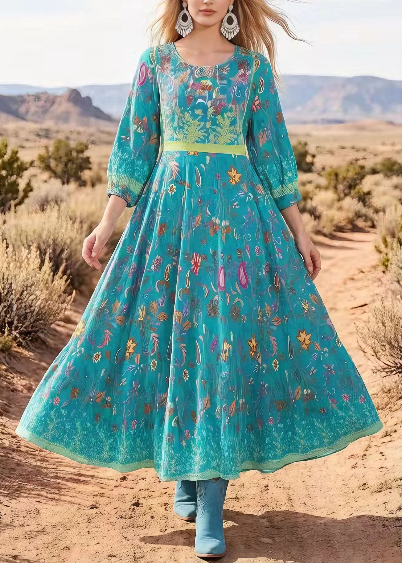 Bohemian V Neck Print Exra Large Hem Cotton Maxi Dresses Summer - Image 3
