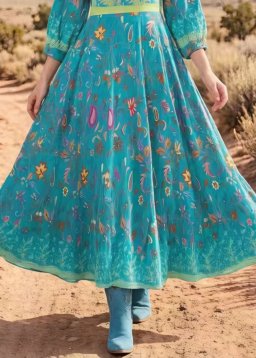 Bohemian V Neck Print Exra Large Hem Cotton Maxi Dresses Summer - Image 4