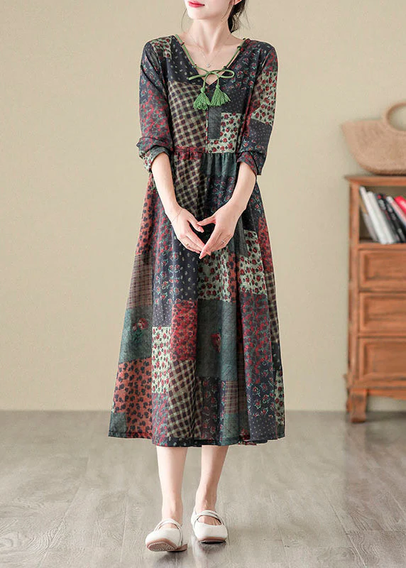 Bohemian V Neck Print Patchwork Cotton Long Dress Fall - Image 2